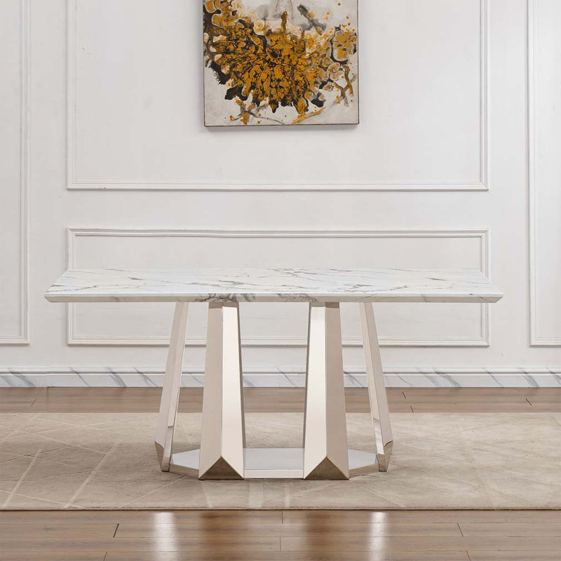 Table de salle à manger en faux marbre avec base en acier inoxydable, pour 6 personnes, Blanc, Argent argent