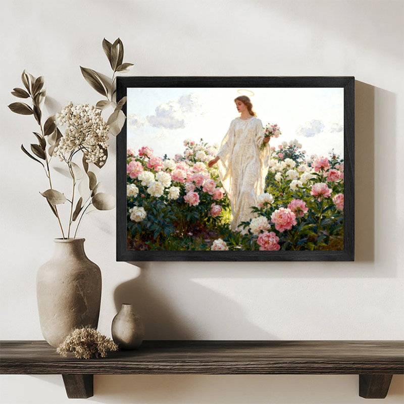 Reproduction d'art encadré noir avec anges dans la pivoine, H 25 po x l 37 po