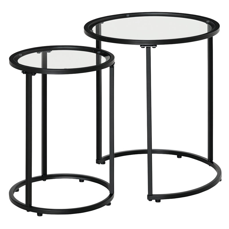 Ensemble de 2 tables basses gigognes avec base en métal, table d'appoint ronde avec plateau en verre trempé pour salon, chambre à coucher, Rod mun Ebern Designs, noir