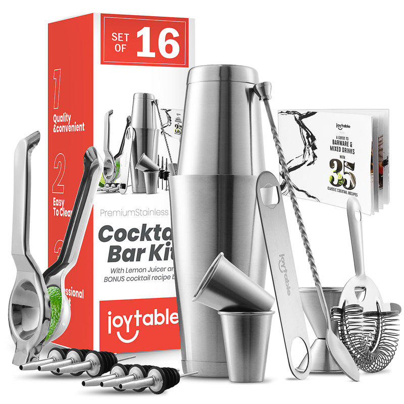 JoyTable 17-Piece Silver Stainless Steel Bartender Kit with Wood Stand
