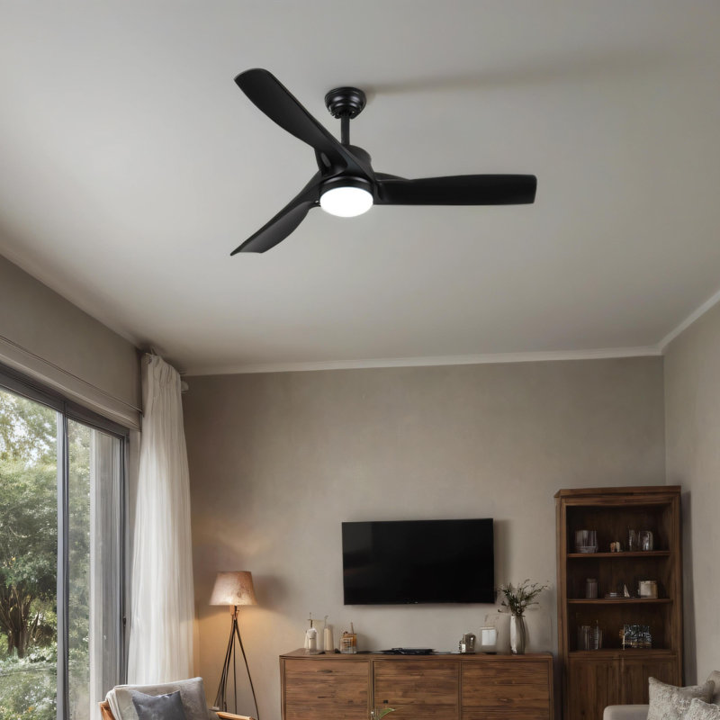 Ventilateur de plafond noir 52 pouces avec lumière, ventilateur de plafond avec 3 pales réversibles, 2 tiges verticales, télécommande à 6 vitesses