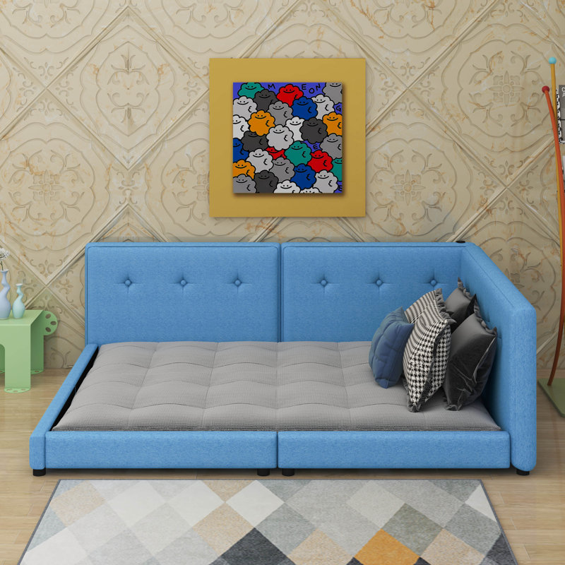 Full Size Upholstered Platform Bed With USB, Blue, Full