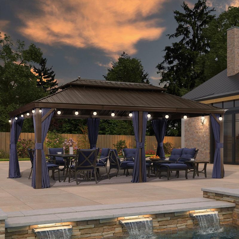 Purple Leaf Hardtop Gazebo Canopy With Netting And Curtains, With 48 Ft String Lights, 120.9" H x 240" W x 135" D
