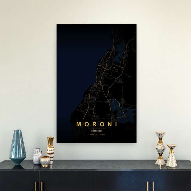 Moroni Night Map Abstract Minimalist Modern City Coastal Wall Art Print 1 Piece Wrapped Canvas Wall Art