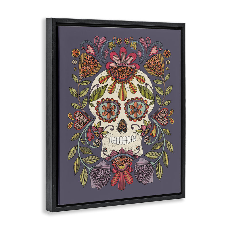 Art mural encadré à motif de crâne de sucre à motifs par Valentina Harper, Cadre flottant noir de jais, H 21 po x l 17 po