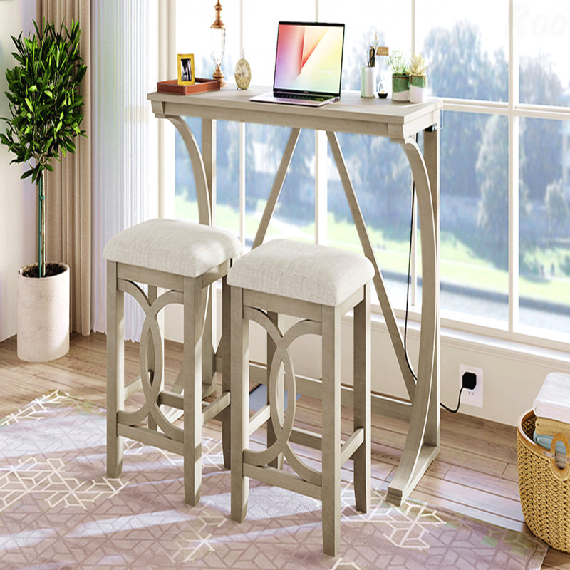 Ensemble de salle à manger à hauteur de comptoir 3 pièces Farmhouse: tabourets de table et rembourrés, port USB