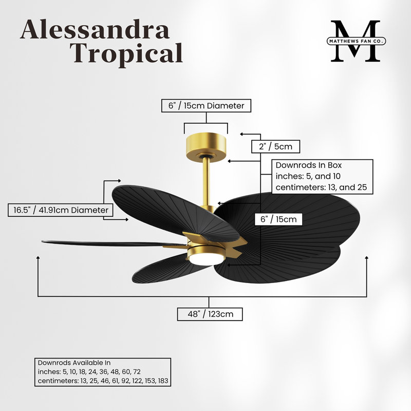 Alessandra Tropical - Five Blade Ceiling Fan - Integrated LED -Matte Black Finish -Light Blue Blades, Brushed Brass