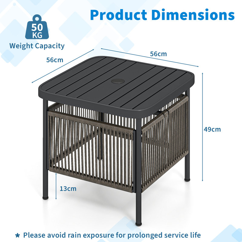 Square Metal Outdoor Side Table With Umbrella Hole , 56cm cm W 56cm cm D