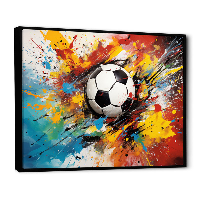 Abstraction soccer ball - décoration murale soccer, H 34 po x l 44 po x P 1,5 po, Cadre flottant noir