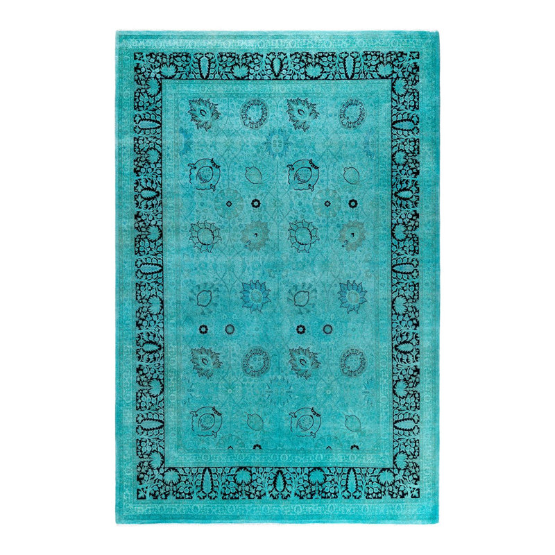 Tapis unique bleu / turquoise / gris anthracite de 6 pi 2 po x 9 pi 4 po Overdyed
