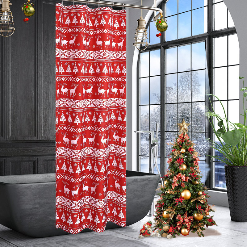 Red Christmas Boho Shower Curtain 90GSM Oxford Polyester | Tree & Snowflake Print, Water-Repellent & Machine Washable Festive Bathroom Decor
