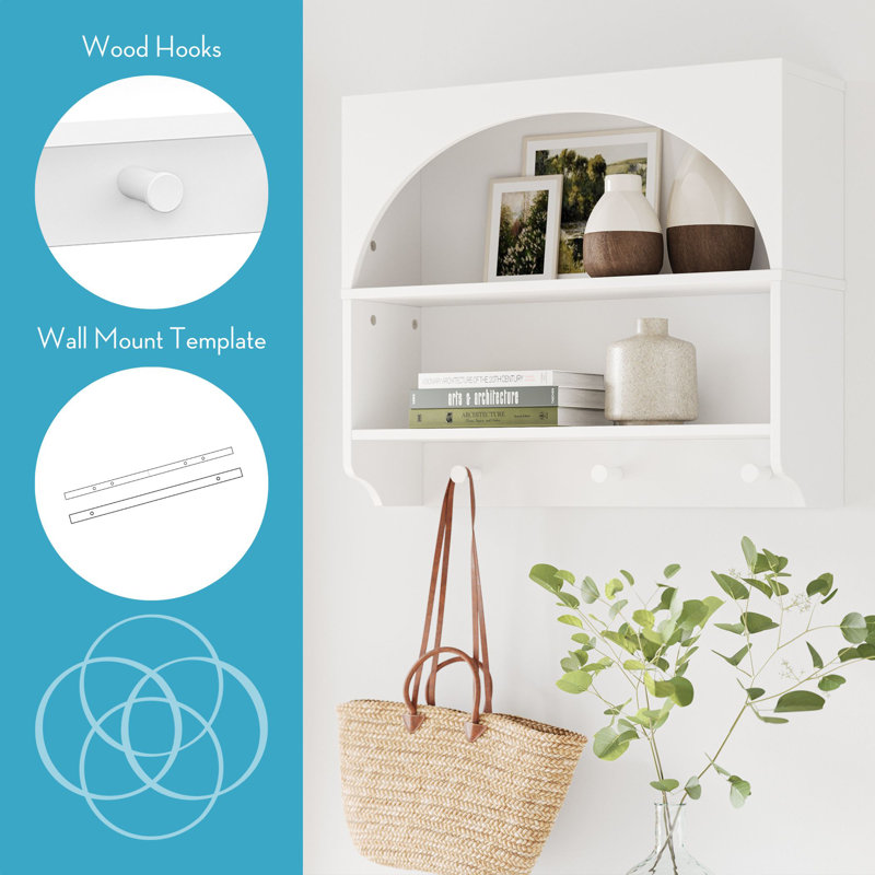 Bronson Arched Wall Shelf With 3 Hooks- White