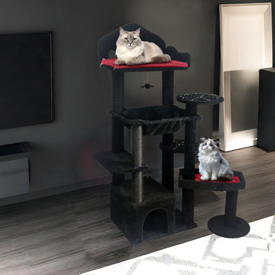Mobilier pour chat avec une élégance foncée, un lit rembourré doux et un motif noir griffé renforcé, maison effrayante, confortable