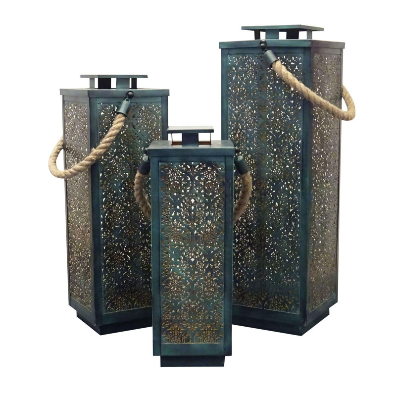 3 Piece Metal Wall Lantern Set, Green
