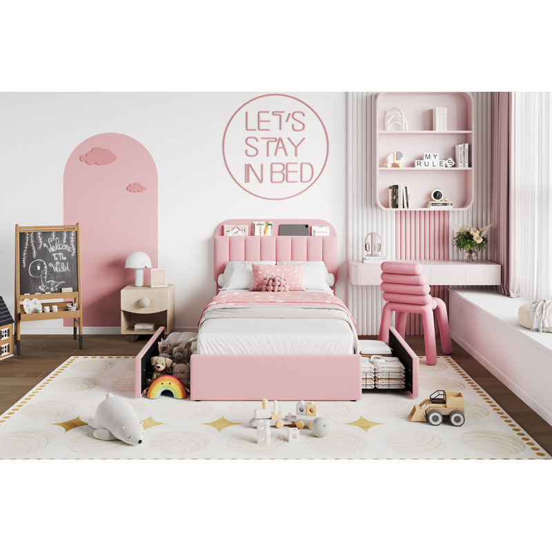 Bed Frame with 2 Flexible Drawers and Bookcase Headboard, Boucle Upholstered Platform Bed, Noise-Free, Easy Assembly, No Box Spring Needed