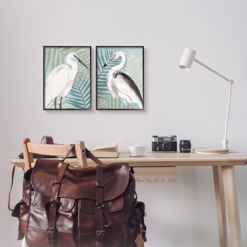 Heron Birds Layered Plant Leaves, Giclée encadrée noir minuit, H 14 po x l 11 po x P 1,5 po