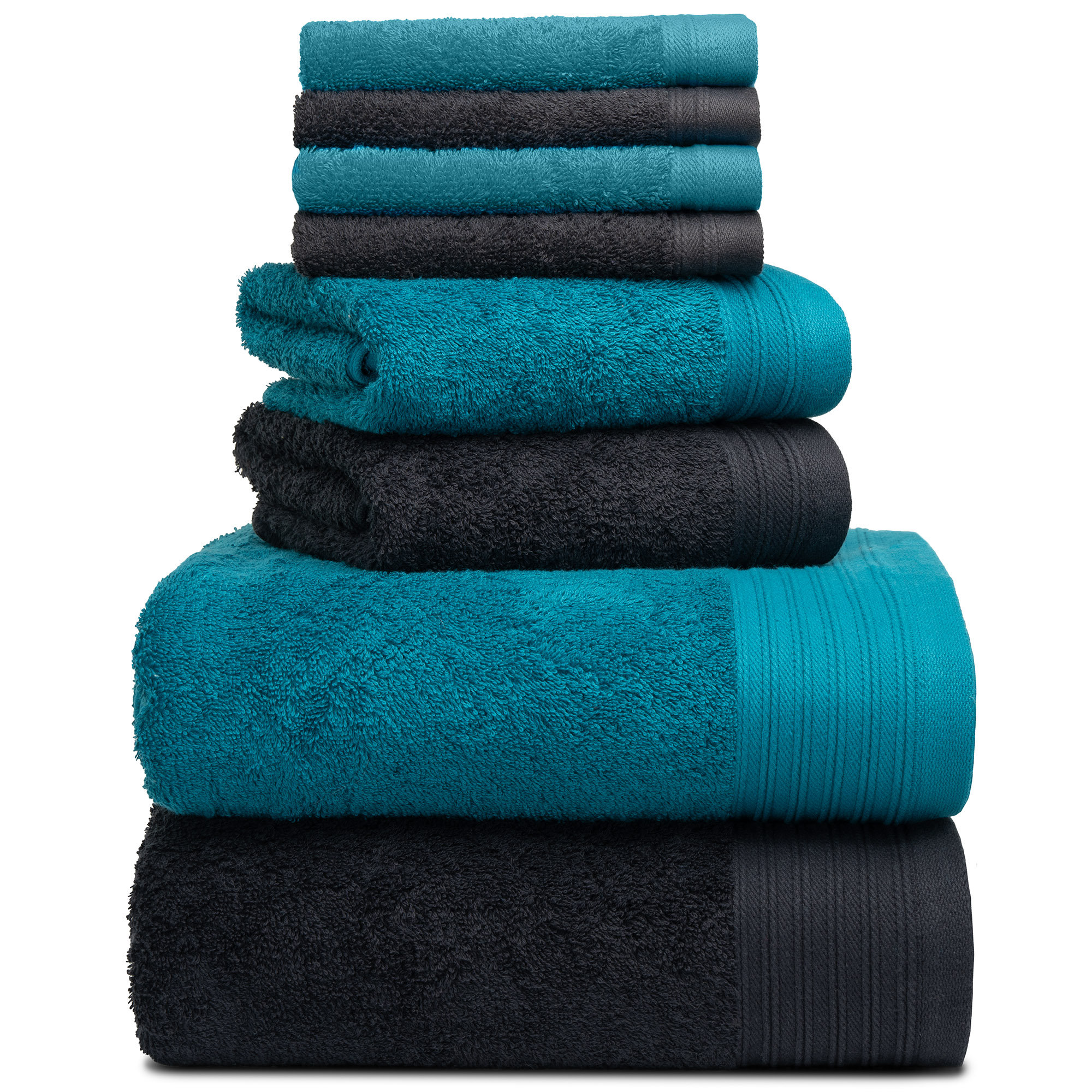 Doncia 8 Piece 100% Cotton Towel Set, Black/Teal