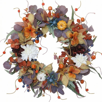 19.7" Artificial Fall Harvest Wreath with Pumpkins, Dahlias, Eucalyptus & Berries - Rustic Thanksgiving Front Door Decor