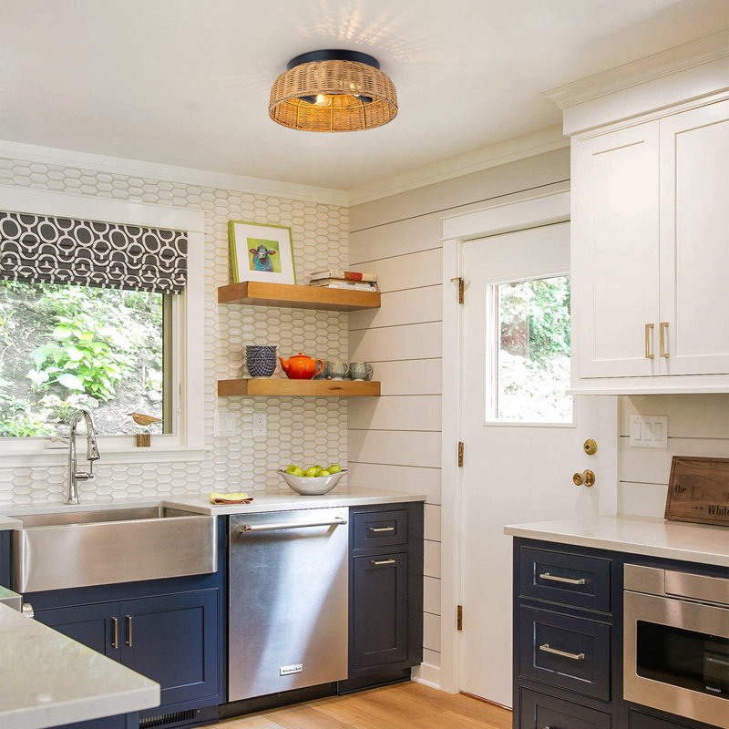 2-Light Natural Rattan Flush Mount
