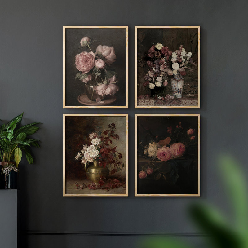 «Vintage Floral Print», impression encadrée, ensemble de 4, H 14 po x l 44 po