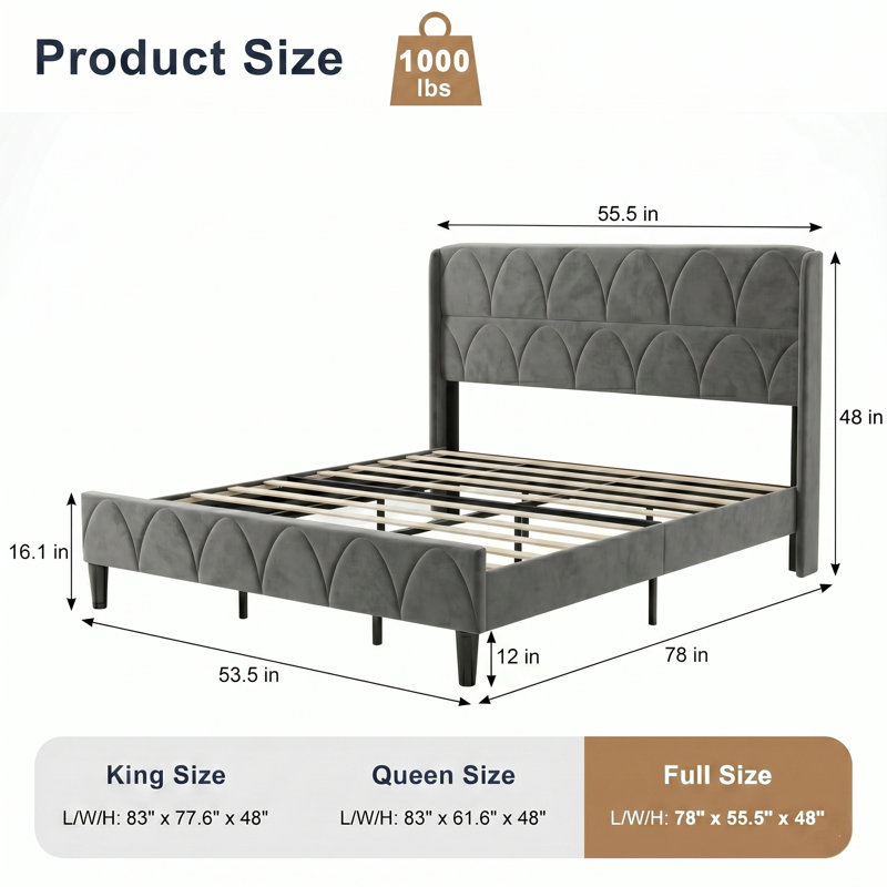 Modern Elegant Upholstered Bed, Gray, Full / Double