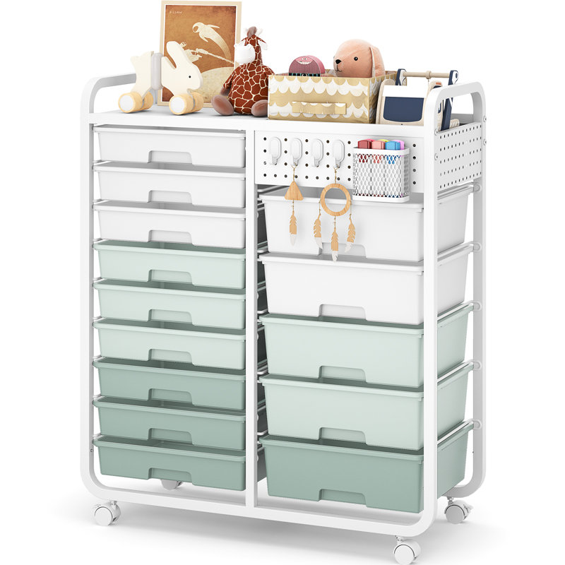 Metal Organizers Utility Cart,Rolling Cart with Wheels，Rolling Storage Cart with 14 Large Drawers, Utility Cart with Tabletop & DIY Pegboard