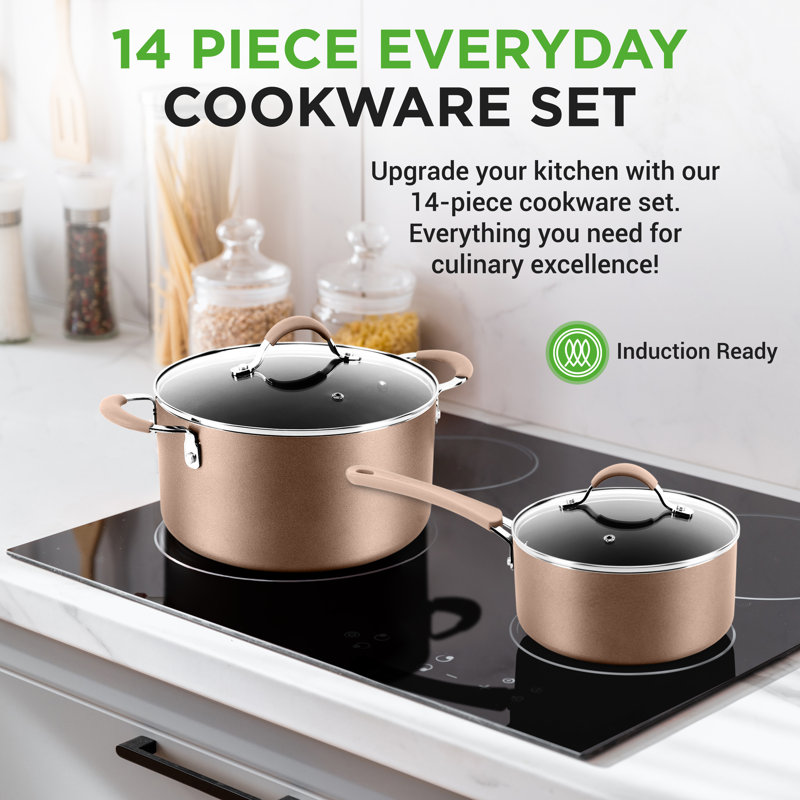 14-Piece Bronze Aluminum Non-Stick Cookware Set