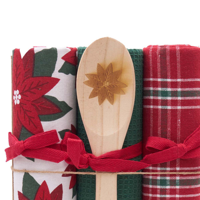 Poinsettia Plaid Towel & Spoon Gift Bundle Set of 4