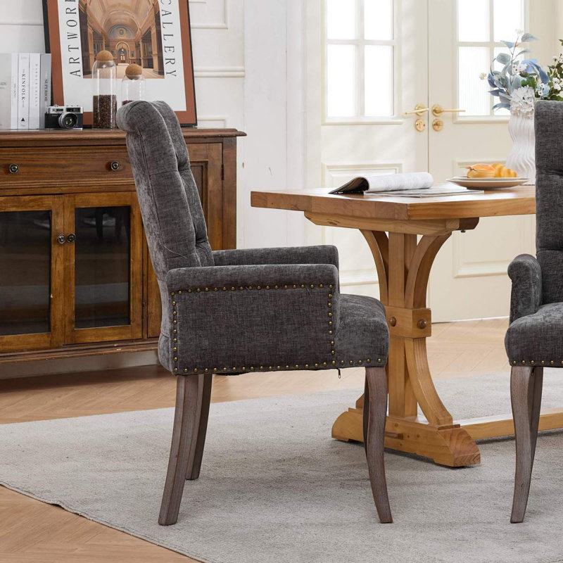 Upholstered Chenille Fabric Accent Dining Chair, Curved Solid Wood Legs, Elegant Tufted Club Dining Room Kitchen Room Arm Dining Chair, Single Pack