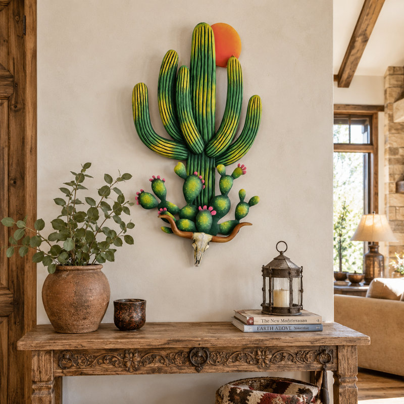 Cactus 3D Nopal et Saguaro avec crâne et soleil en acier et fibre de verre de qualité