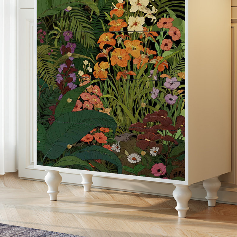 Armoire de rangement florale en bois massif à 5 tiroirs Floral