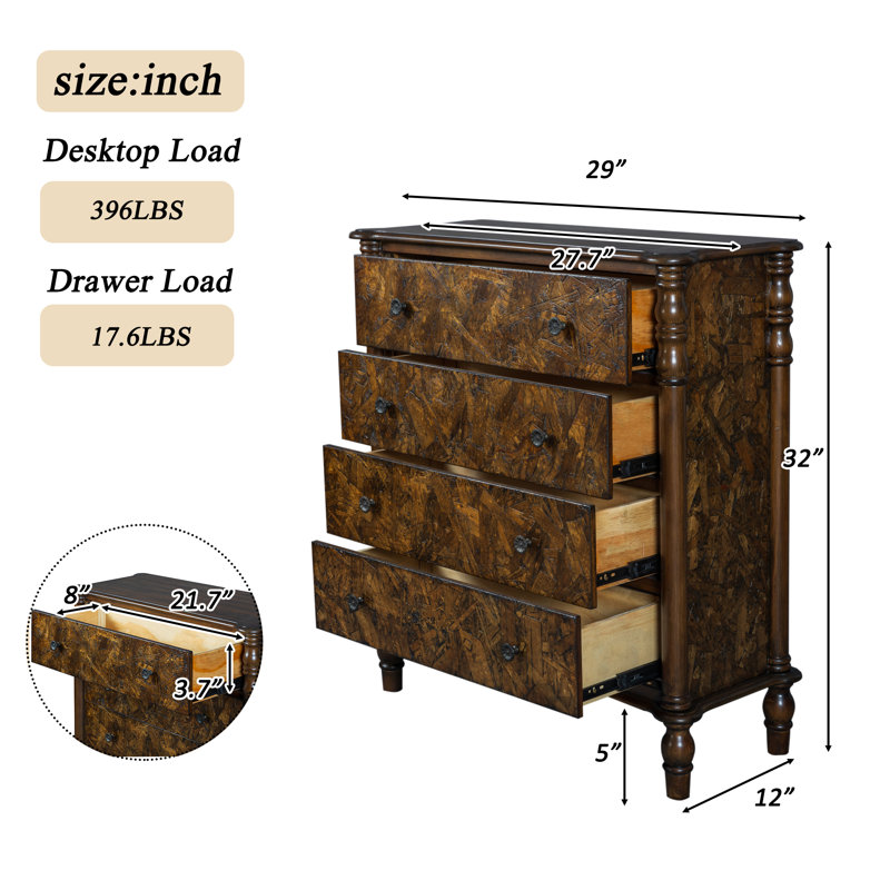 Commode transitionnelle à 4 tiroirs en bois massif, commode d'appoint en bois massif de 81 cm (32 po) pour chambre à coucher/salon