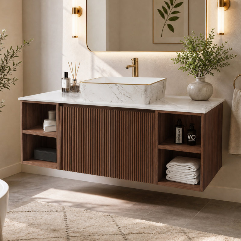 47.6" Cinnamon Walnut Wall Mounted Bathroom Vanity, Fluted Floating Vanity with Glossy Snow Mountain Stone Countertop & Gold Rim Marble Vessel Sink with Storage Shelves