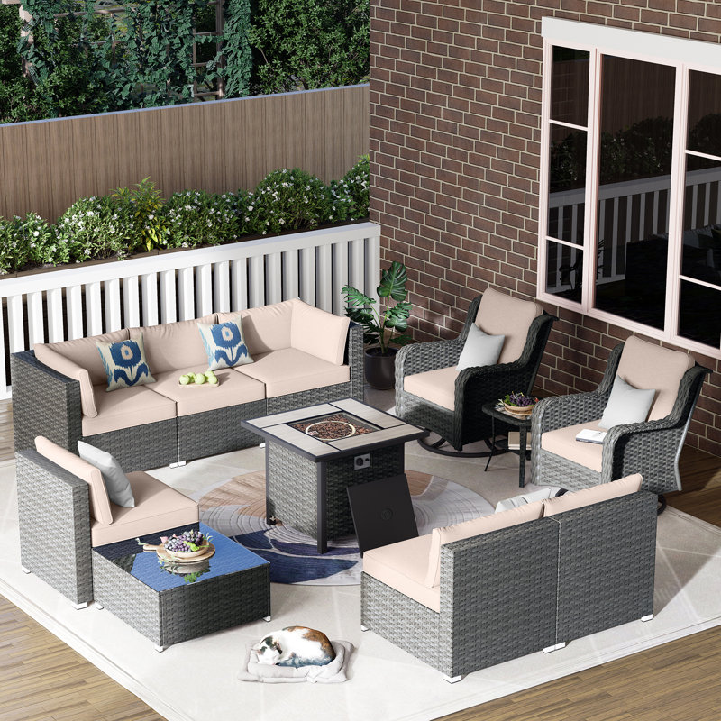 8 - Person Patio Conversation Set with Cushions, Beige