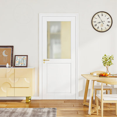 30" X 80"1-Lite Frosted Glass Slab Door Solid Manufactured Wood -Shower Door White Primed Standard Door Without Hardware Kit