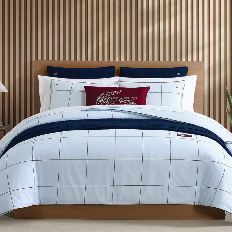 Ensemble d'édredon 100% coton à carreaux Tennis Lacost, Édredon double/grand et 2 taies décoratives, Lt. Blue Tennis Checks