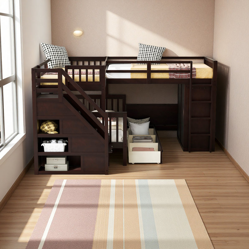 Lit superposé simple en L avec 3 tiroirs, bureau portable et garde-robe, Espresso