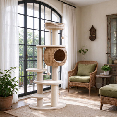 52" Cat Tree Tower with Handwoven Cattail Condo, Plush Bed, Multiple Platforms, 3 Sisal Scratching Posts, 3 Interactive Toy Balls