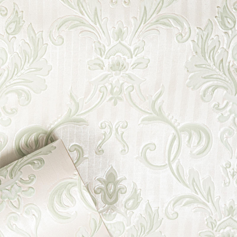 Green Floral Damask Wallpaper Off White Textured Shimmer Feature Wall