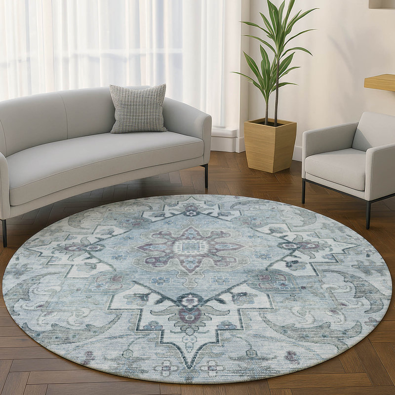 Premium Machine Washable Mayfield AMF2164 global Rug, Sky, Round 8' 