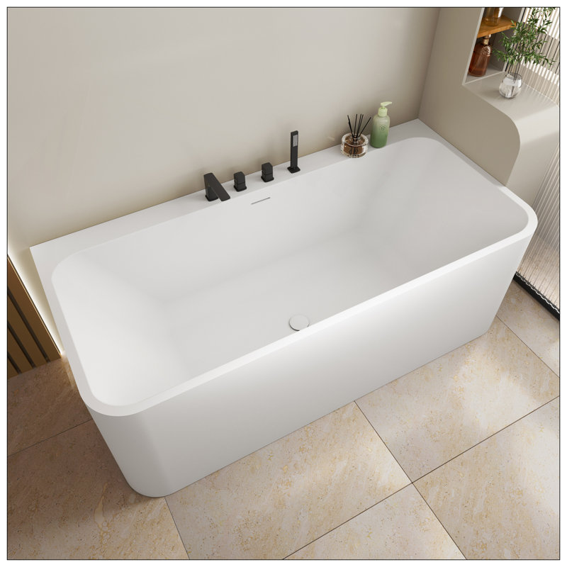 63 Inch Freestanding Solid Surface Soaking Bathtub Matte White