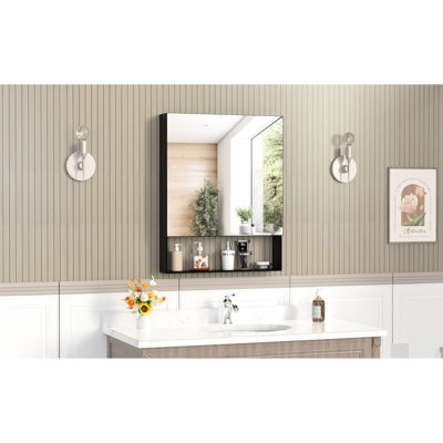 Miroir de salle de bain mural 24 po x 30 po et rangement mural, alliage d'aluminium, noir, tablettes réglables pour les articles de toilette avec armoire de rangement, construction, ajustement des tablettes personnalisable