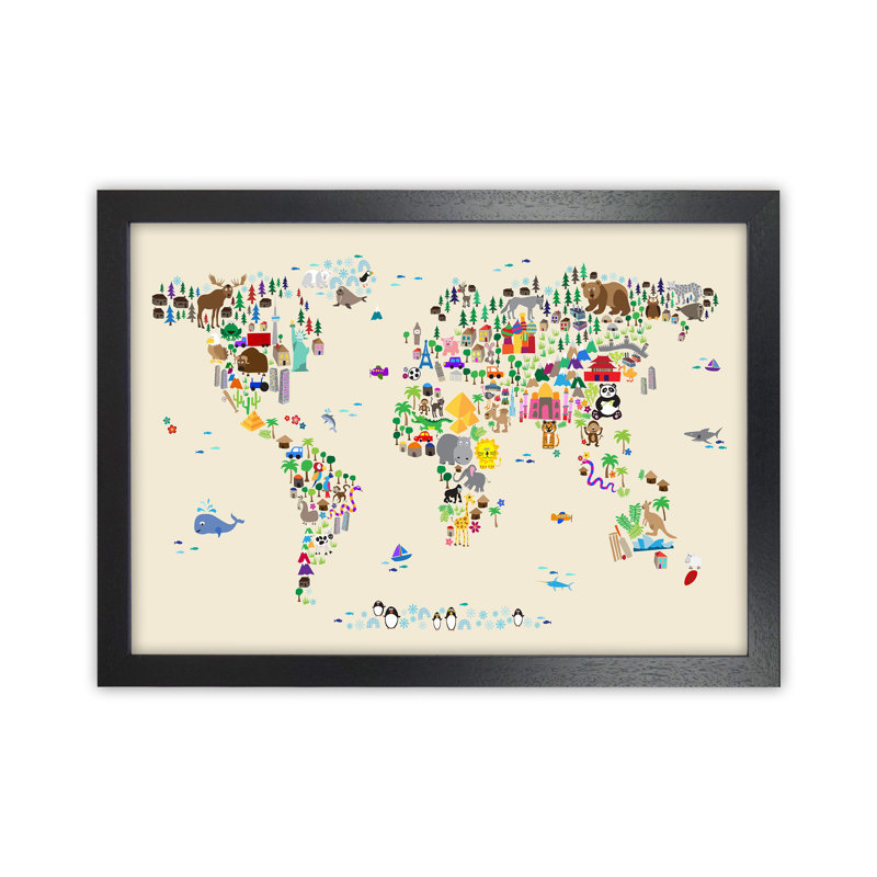 Animal Map Of The World by Michael Tompsett - Print, Black Framed, 25cm H x 34cm W x 3cm D