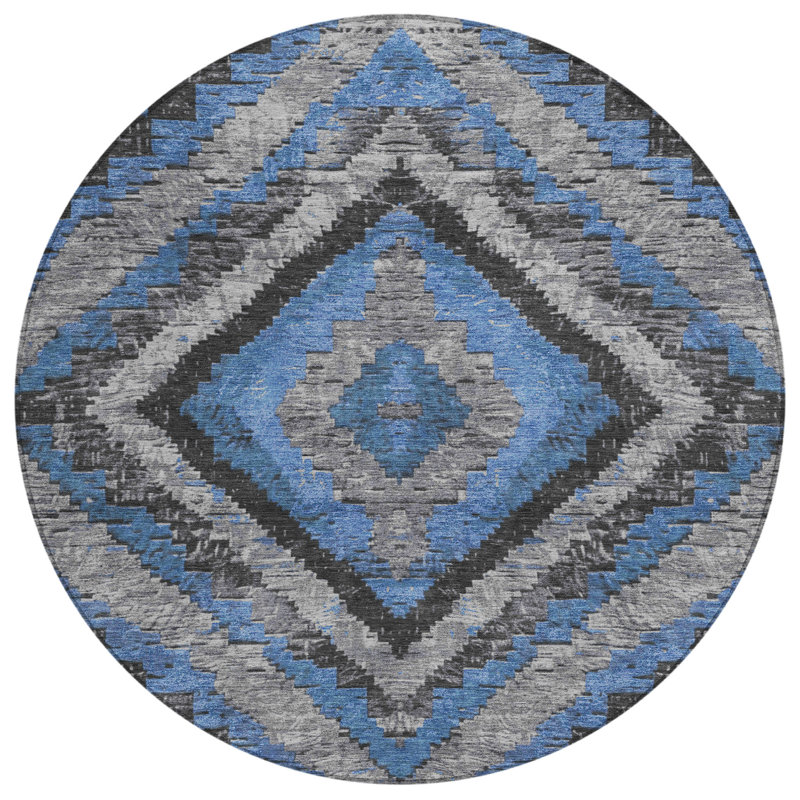 Machine Washable Indoor/Outdoor Xhevrie Blue Rug, Round 8' x 8'