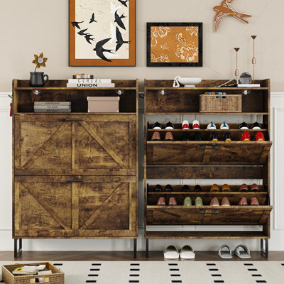 20-Pair Shoe Storage Cabinet with 2 Flip-Down Drawers, 2 Shelves & Adjustable Shelves, Side Hooks（Set of 2）