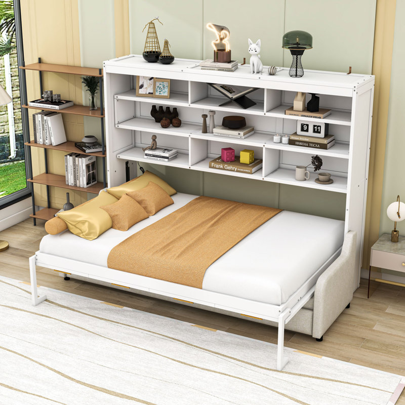 Lit escamotable en bois avec canapé, lumière DEL et tablettes, Complète