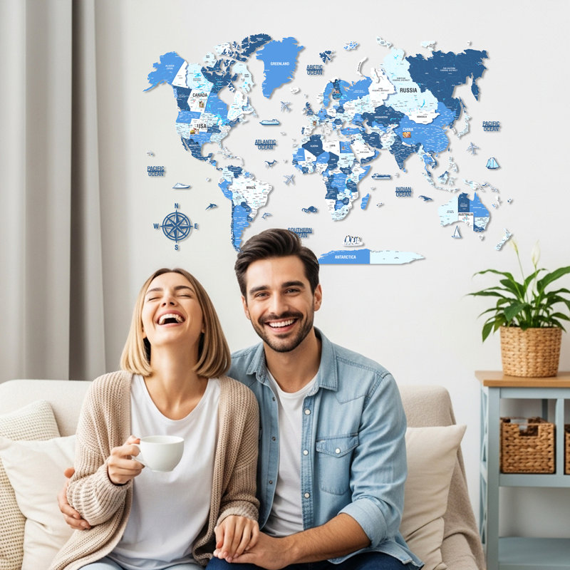 3D Wooden World Map – UV Printed Wall Art, Modern Home & Office Decor, Navy/Blue/Teal, 125cmH x 180cmW x 1cmD