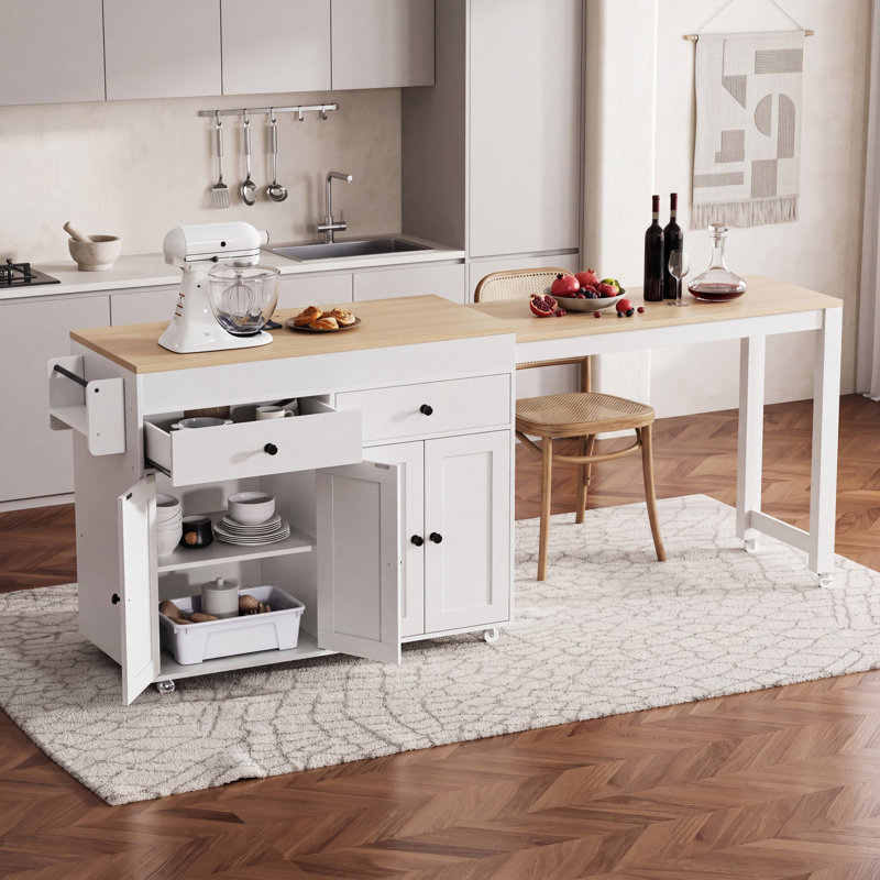 Îlot de cuisine 74,5 po avec table de salle à manger extensible, roulettes, étagère à épices, 2 tiroirs et armoire à 4 portes