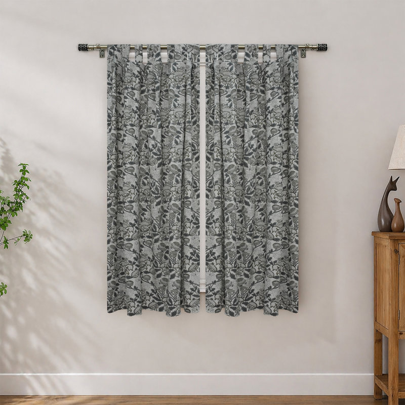 Handcrafted Curtain – Akashganga Gray Floral Block Print Linen Soft Light Filtering Window Curtain, 100" W X 63" L