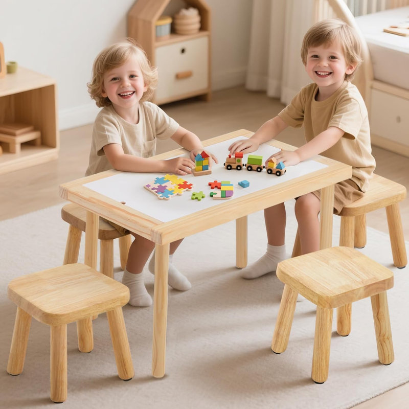 Ensemble de 2 tabourets pour enfants en chêne massif, petits tabourets empilables en bois pour table sensorielle, lecture, dessin et assise quotidienne